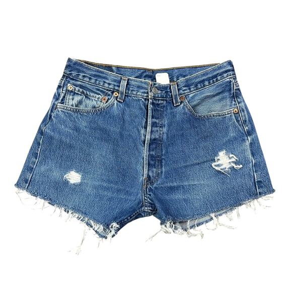 Vintage Y2K Levi's 501 Button Fly Denim Distressed Cut Off Shorts Size 30 - Picture 1 of 7